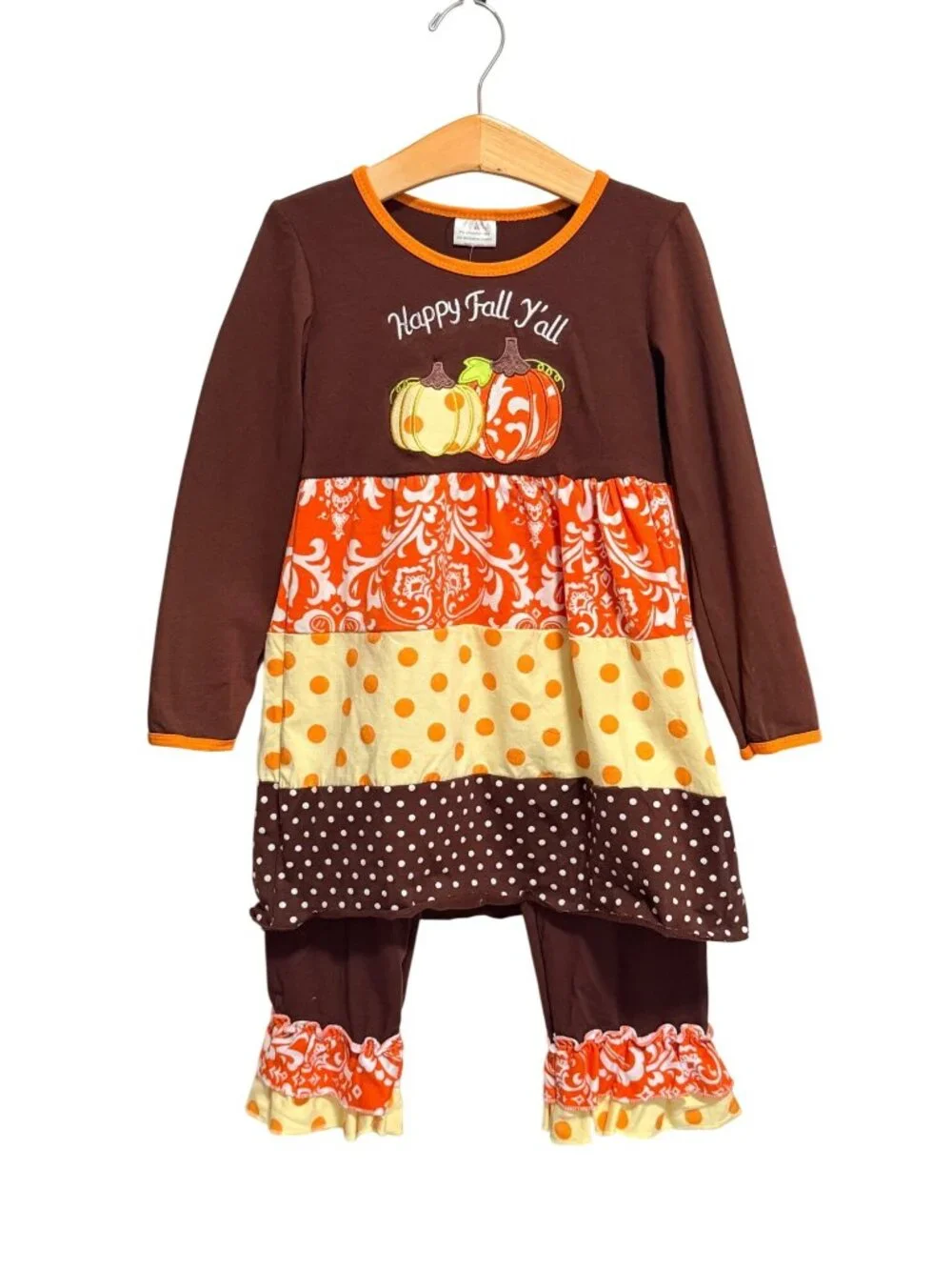 Happy Fall Yall Girls XL/4T Pumpkin Outfit Brown Orange Polka Dot Ruffle Set